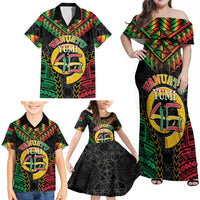 Vanuatu 46th Anniversary Independence Day Family Matching Off Shoulder Maxi Dress and Hawaiian Shirt Melanesian Warrior With Sand Drawing Pattern LT05 - Polynesian Pride