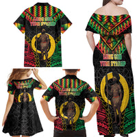 Vanuatu 46th Anniversary Independence Day Family Matching Off Shoulder Maxi Dress and Hawaiian Shirt Melanesian Warrior With Sand Drawing Pattern LT05 - Polynesian Pride