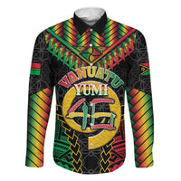 Vanuatu 46th Anniversary Independence Day Family Matching Off Shoulder Maxi Dress and Hawaiian Shirt Melanesian Warrior With Sand Drawing Pattern LT05 Dad's Shirt - Long Sleeve Black - Polynesian Pride