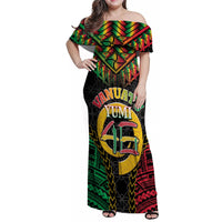 Vanuatu 46th Anniversary Independence Day Family Matching Off Shoulder Maxi Dress and Hawaiian Shirt Melanesian Warrior With Sand Drawing Pattern LT05 Mom's Dress Black - Polynesian Pride