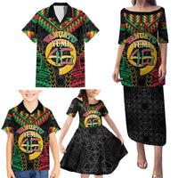 Vanuatu 46th Anniversary Independence Day Family Matching Puletasi and Hawaiian Shirt Melanesian Warrior With Sand Drawing Pattern LT05 - Polynesian Pride
