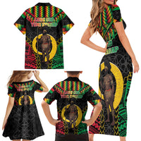 Vanuatu 45th Anniversary Independence Day Family Matching Short Sleeve Bodycon Dress and Hawaiian Shirt Melanesian Warrior With Sand Drawing Pattern LT05 - Polynesian Pride