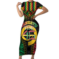 Vanuatu 46th Anniversary Independence Day Family Matching Short Sleeve Bodycon Dress and Hawaiian Shirt Melanesian Warrior With Sand Drawing Pattern LT05 Mom's Dress Black - Polynesian Pride
