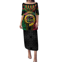 Vanuatu 46th Anniversary Independence Day Puletasi Melanesian Warrior With Sand Drawing Pattern LT05 Long Dress Black - Polynesian Pride