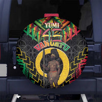 Vanuatu 46th Anniversary Independence Day Spare Tire Cover Melanesian Warrior With Sand Drawing Pattern LT05 Black - Polynesian Pride
