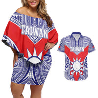 Personalised Taiwan Couples Matching Off Shoulder Short Dress and Hawaiian Shirt Austronesian Tribal Tattoo Red - Polynesian Pride