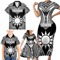 Personalised Taiwan Family Matching Short Sleeve Bodycon Dress and Hawaiian Shirt Austronesian Tribal Tattoo Black - Polynesian Pride