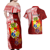 Personalized Tonga Niuas Couples Matching Off Shoulder Maxi Dress and Hawaiian Shirt White Tailed Tropicbird With Ngatu Pattern LT05 - Polynesian Pride