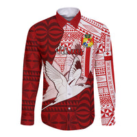 Personalized Tonga Niuas Long Sleeve Button Shirt White Tailed Tropicbird With Ngatu Pattern LT05 Unisex Red - Polynesian Pride