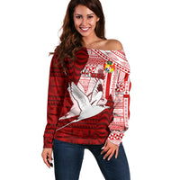 Personalized Tonga Niuas Off Shoulder Sweater White Tailed Tropicbird With Ngatu Pattern LT05 Women Red - Polynesian Pride