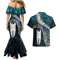 New Zealand Aotearoa Couples Matching Mermaid Dress and Hawaiian Shirt Maori Hei Rehua Paua Shell Glitter Green LT05 - Polynesian Pride