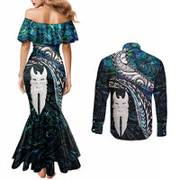 New Zealand Aotearoa Couples Matching Mermaid Dress and Long Sleeve Button Shirt Maori Hei Rehua Paua Shell Glitter Green LT05 - Polynesian Pride