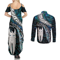 New Zealand Aotearoa Couples Matching Summer Maxi Dress and Long Sleeve Button Shirt Maori Hei Rehua Paua Shell Glitter Green LT05 - Polynesian Pride