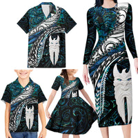 New Zealand Aotearoa Family Matching Long Sleeve Bodycon Dress and Hawaiian Shirt Maori Hei Rehua Paua Shell Glitter Green LT05 - Polynesian Pride