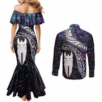 New Zealand Aotearoa Couples Matching Mermaid Dress and Long Sleeve Button Shirt Maori Hei Rehua Paua Shell Glitter Purple LT05 - Polynesian Pride