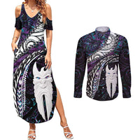 New Zealand Aotearoa Couples Matching Summer Maxi Dress and Long Sleeve Button Shirt Maori Hei Rehua Paua Shell Glitter Purple LT05 Purple - Polynesian Pride
