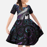 New Zealand Aotearoa Family Matching Mermaid Dress and Hawaiian Shirt Maori Hei Rehua Paua Shell Glitter Purple LT05 Daughter's Dress Purple - Polynesian Pride