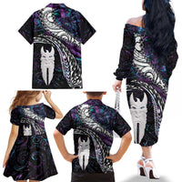 New Zealand Aotearoa Family Matching Off The Shoulder Long Sleeve Dress and Hawaiian Shirt Maori Hei Rehua Paua Shell Glitter Purple
