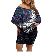 New Zealand Aotearoa Family Matching Off Shoulder Short Dress and Hawaiian Shirt Maori Hei Rehua Paua Shell Glitter Purple