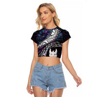 New Zealand Aotearoa Raglan Cropped T Shirt Maori Hei Rehua Paua Shell Glitter Purple LT05 Female Purple - Polynesian Pride