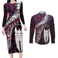 New Zealand Aotearoa Couples Matching Long Sleeve Bodycon Dress and Long Sleeve Button Shirt Maori Hei Rehua Paua Shell Glitter Pink LT05 Pink - Polynesian Pride