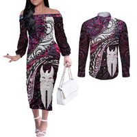 New Zealand Aotearoa Couples Matching Off The Shoulder Long Sleeve Dress and Long Sleeve Button Shirt Maori Hei Rehua Paua Shell Glitter Pink LT05 Pink - Polynesian Pride
