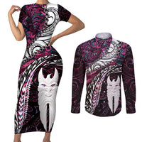 New Zealand Aotearoa Couples Matching Short Sleeve Bodycon Dress and Long Sleeve Button Shirt Maori Hei Rehua Paua Shell Glitter Pink LT05 Pink - Polynesian Pride