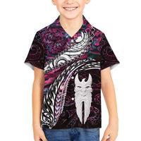 New Zealand Aotearoa Family Matching Off Shoulder Maxi Dress and Hawaiian Shirt Maori Hei Rehua Paua Shell Glitter Pink LT05 Son's Shirt Pink - Polynesian Pride