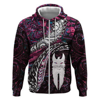 New Zealand Aotearoa Zip Hoodie Maori Hei Rehua Paua Shell Glitter Pink LT05 Zip Hoodie Pink - Polynesian Pride