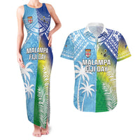 Personalised Happy Malampa Fiji Day Couples Matching Tank Maxi Dress and Hawaiian Shirt Half Mix Style LT05 Blue - Polynesian Pride