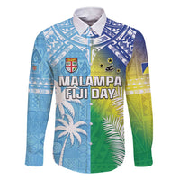 Personalised Happy Malampa Fiji Day Family Matching Short Sleeve Bodycon Dress and Hawaiian Shirt Half Mix Style LT05 Dad's Shirt - Long Sleeve Blue - Polynesian Pride