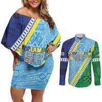 Love Malampa Fiji Day Couples Matching Off Shoulder Short Dress and Long Sleeve Button Shirt Together We Grow LT05 Blue - Polynesian Pride