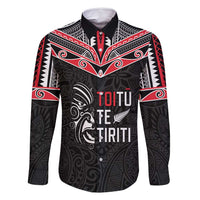 Aotearoa Toitu Te Tiriti Family Matching Long Sleeve Bodycon Dress and Hawaiian Shirt New Zealand Honour The Treaty LT05 Dad's Shirt - Long Sleeve Black - Polynesian Pride