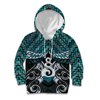 New Zealand Maori Kid Hoodie Poutama Pikorua Turquoise Paua Shell