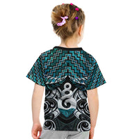 New Zealand Maori Kid T Shirt Poutama Pikorua Turquoise Paua Shell