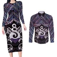 New Zealand Maori Couples Matching Long Sleeve Bodycon Dress and Long Sleeve Button Shirt Poutama Pikorua Purple Paua Shell
