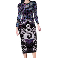 New Zealand Maori Long Sleeve Bodycon Dress Poutama Pikorua Purple Paua Shell LT05 Long Dress Purple - Polynesian Pride