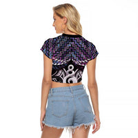 New Zealand Maori Raglan Cropped T Shirt Poutama Pikorua Purple Paua Shell