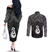 New Zealand Maori Couples Matching Off The Shoulder Long Sleeve Dress and Long Sleeve Button Shirt Poutama Manaia Black Paua Shell LT05 - Polynesian Pride