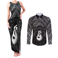 New Zealand Maori Couples Matching Tank Maxi Dress and Long Sleeve Button Shirt Poutama Manaia Black Paua Shell LT05 Black - Polynesian Pride