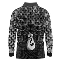 New Zealand Maori Long Sleeve Polo Shirt Poutama Manaia Black Paua Shell