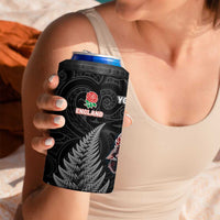 New Zealand And England Rugby Custom 4 in 1 Can Cooler Tumbler Red Rose Mix Maori Pattern - Polynesian Pride
