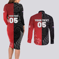 New Zealand And England Rugby Custom Couples Matching Long Sleeve Bodycon Dress and Long Sleeve Button Shirt Red Rose Mix Maori Pattern LT05 - Polynesian Pride