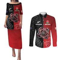 New Zealand And England Rugby Custom Couples Matching Puletasi and Long Sleeve Button Shirt Red Rose Mix Maori Pattern - Polynesian Pride