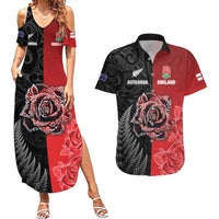 New Zealand And England Rugby Custom Couples Matching Summer Maxi Dress and Hawaiian Shirt Red Rose Mix Maori Pattern LT05 Black - Polynesian Pride