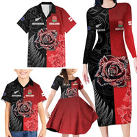 New Zealand And England Rugby Custom Family Matching Long Sleeve Bodycon Dress and Hawaiian Shirt Red Rose Mix Maori Pattern LT05 - Polynesian Pride