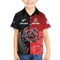 New Zealand And England Rugby Custom Family Matching Long Sleeve Bodycon Dress and Hawaiian Shirt Red Rose Mix Maori Pattern LT05 Son's Shirt Black - Polynesian Pride
