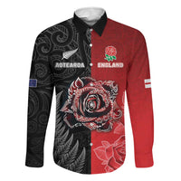 New Zealand And England Rugby Custom Family Matching Mermaid Dress and Hawaiian Shirt Red Rose Mix Maori Pattern LT05 Dad's Shirt - Long Sleeve Black - Polynesian Pride