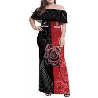 New Zealand And England Rugby Custom Family Matching Off Shoulder Maxi Dress and Hawaiian Shirt Red Rose Mix Maori Pattern LT05 Mom's Dress Black - Polynesian Pride