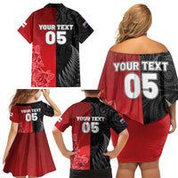 New Zealand And England Rugby Custom Family Matching Off Shoulder Short Dress and Hawaiian Shirt Red Rose Mix Maori Pattern LT05 - Polynesian Pride